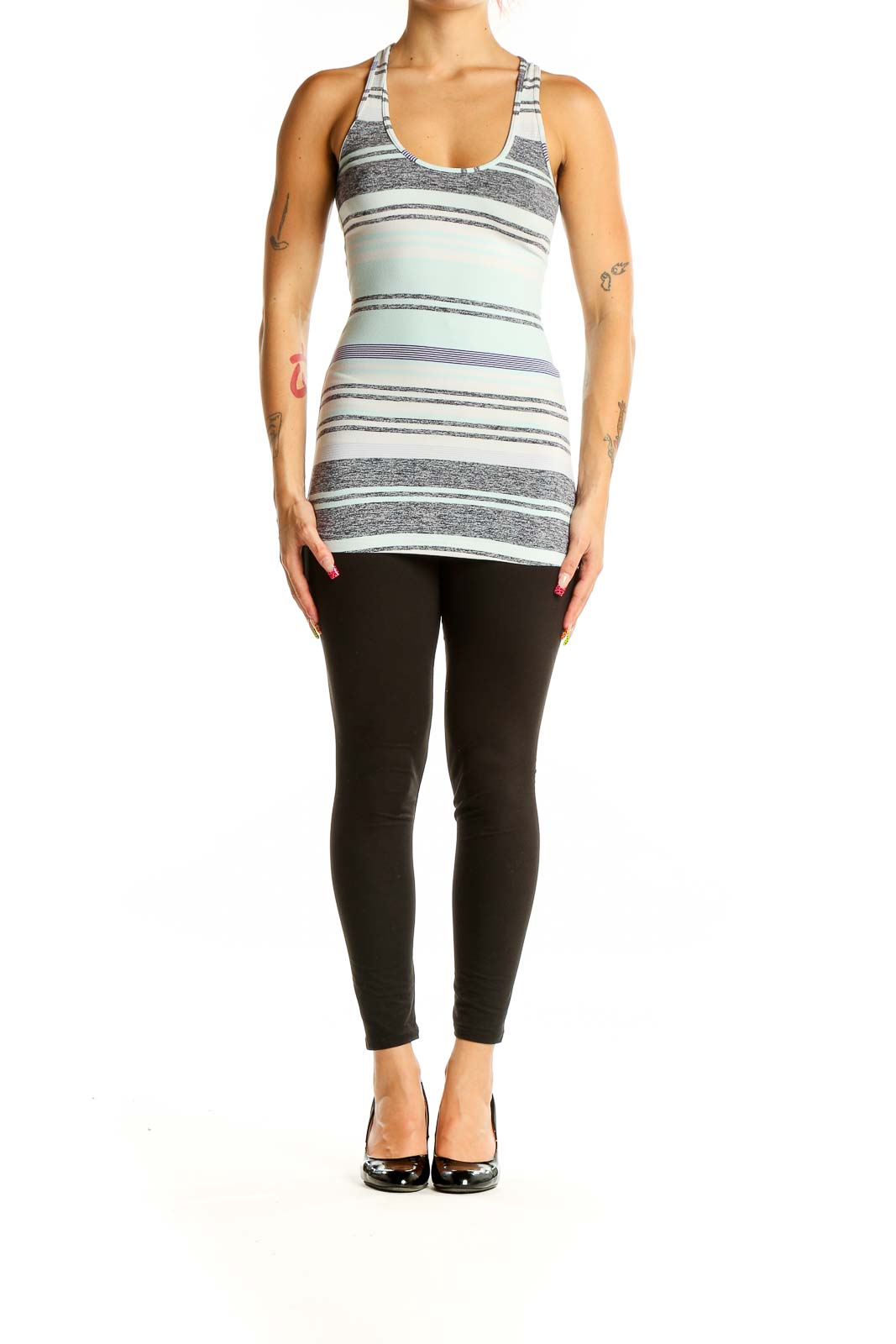 Front view of mint green Lululemon racerback tank top with gray and white stripes