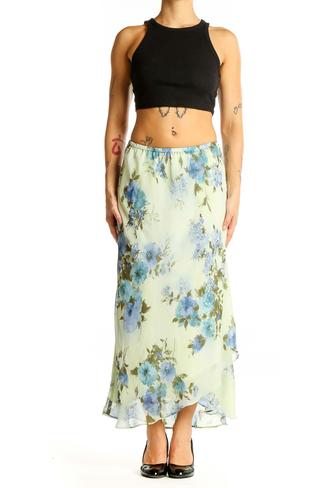 Front view of SilkRoll mint floral maxi skirt with blue flowers