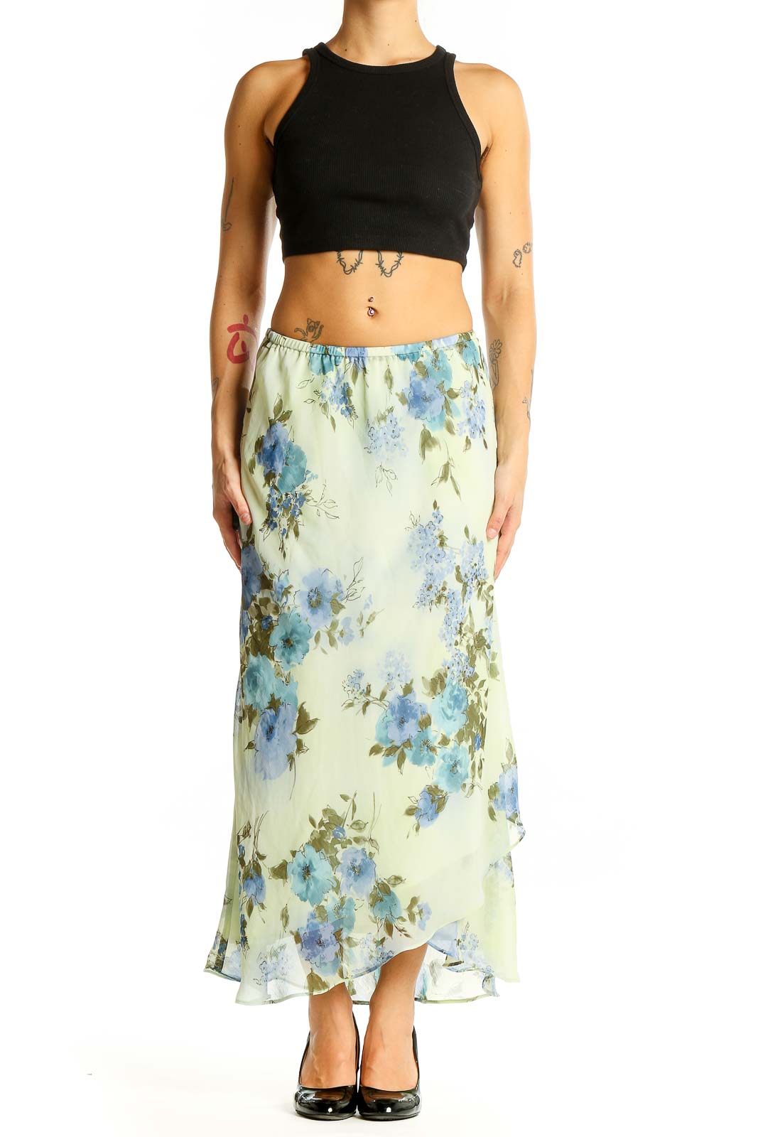 Front view of SilkRoll mint floral maxi skirt with blue flowers