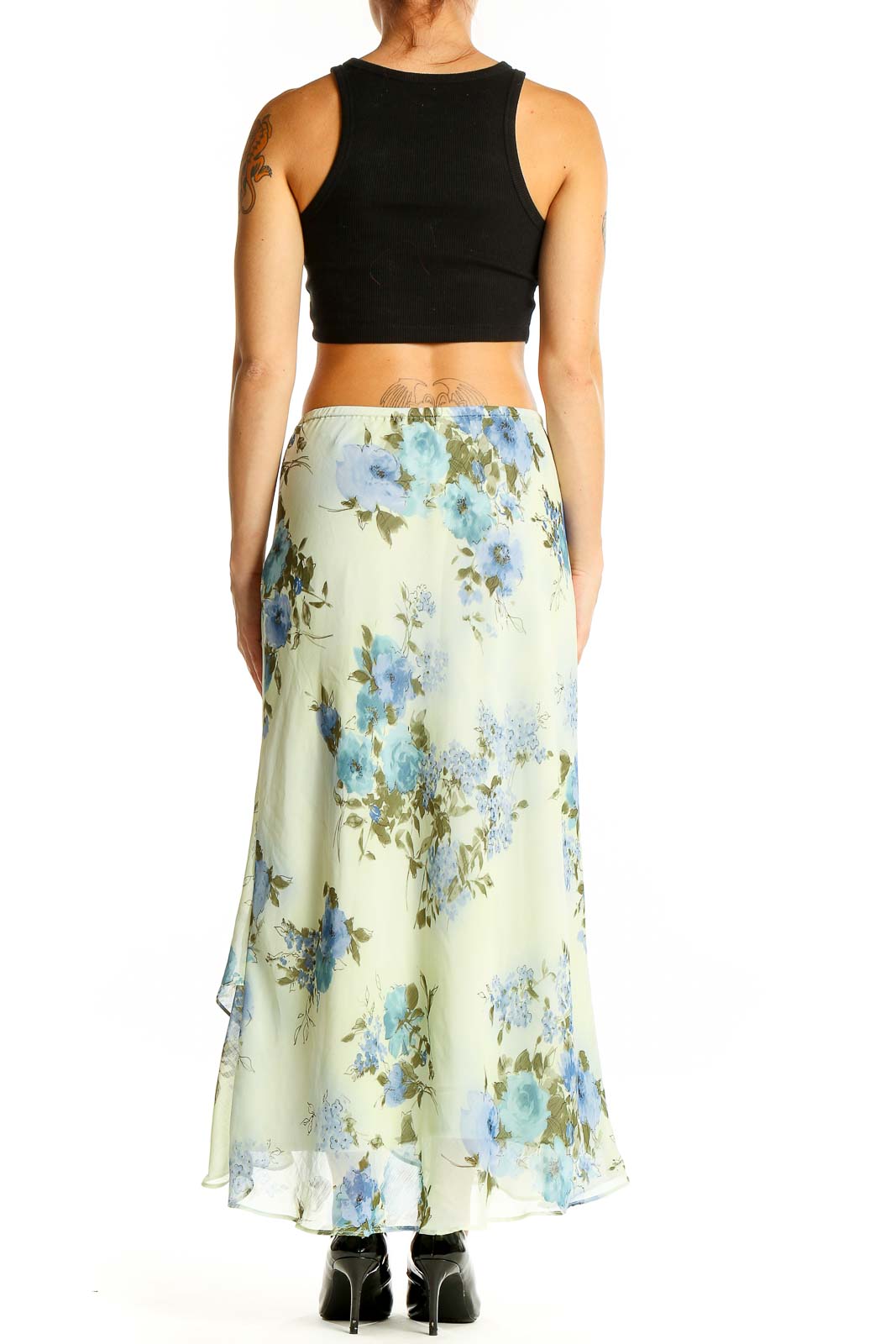 Back view of SilkRoll mint floral maxi skirt showing full length and pattern