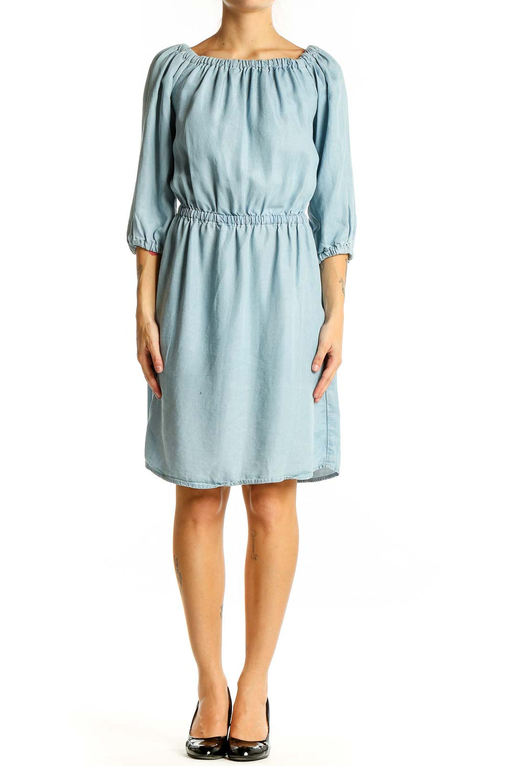 Front view of light blue Lyocell dress with gathered waist and off-shoulder neckline