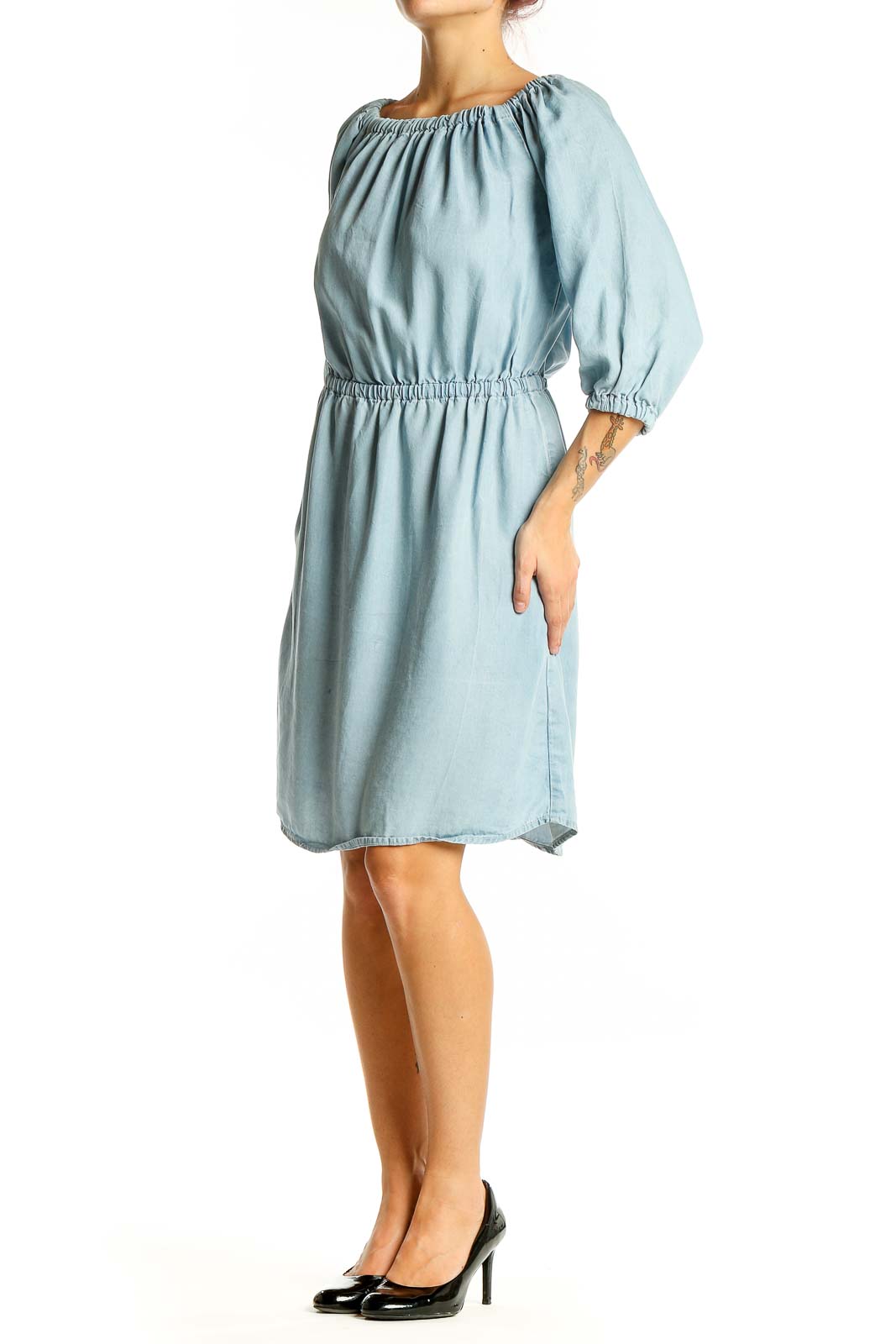 Front view of light blue Lyocell dress with gathered waist and off-shoulder neckline