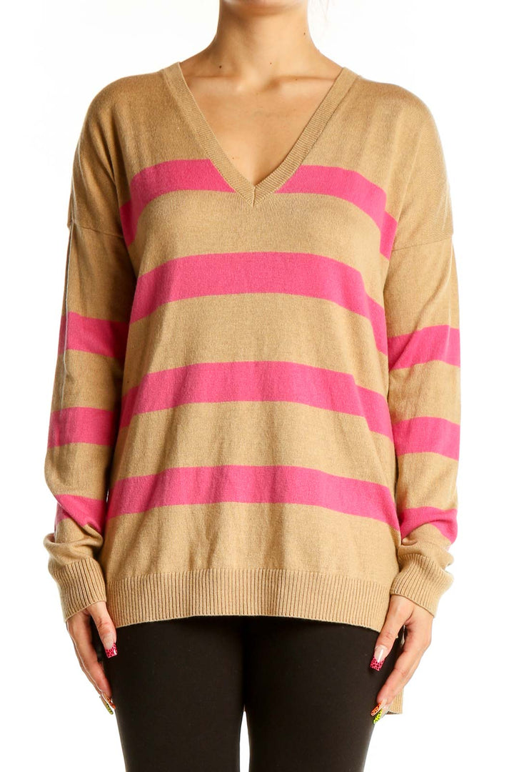 Front view of Gap camel and pink striped V-neck sweater