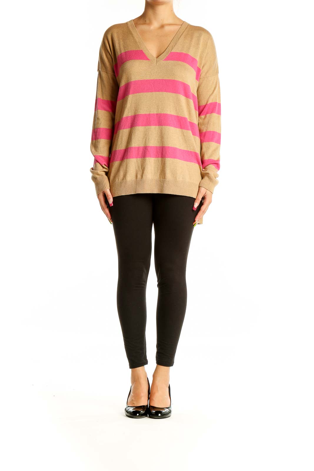 Front view of Gap camel and pink striped V-neck sweater