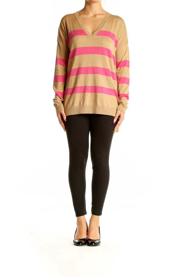 Front view of Gap camel and pink striped V-neck sweater