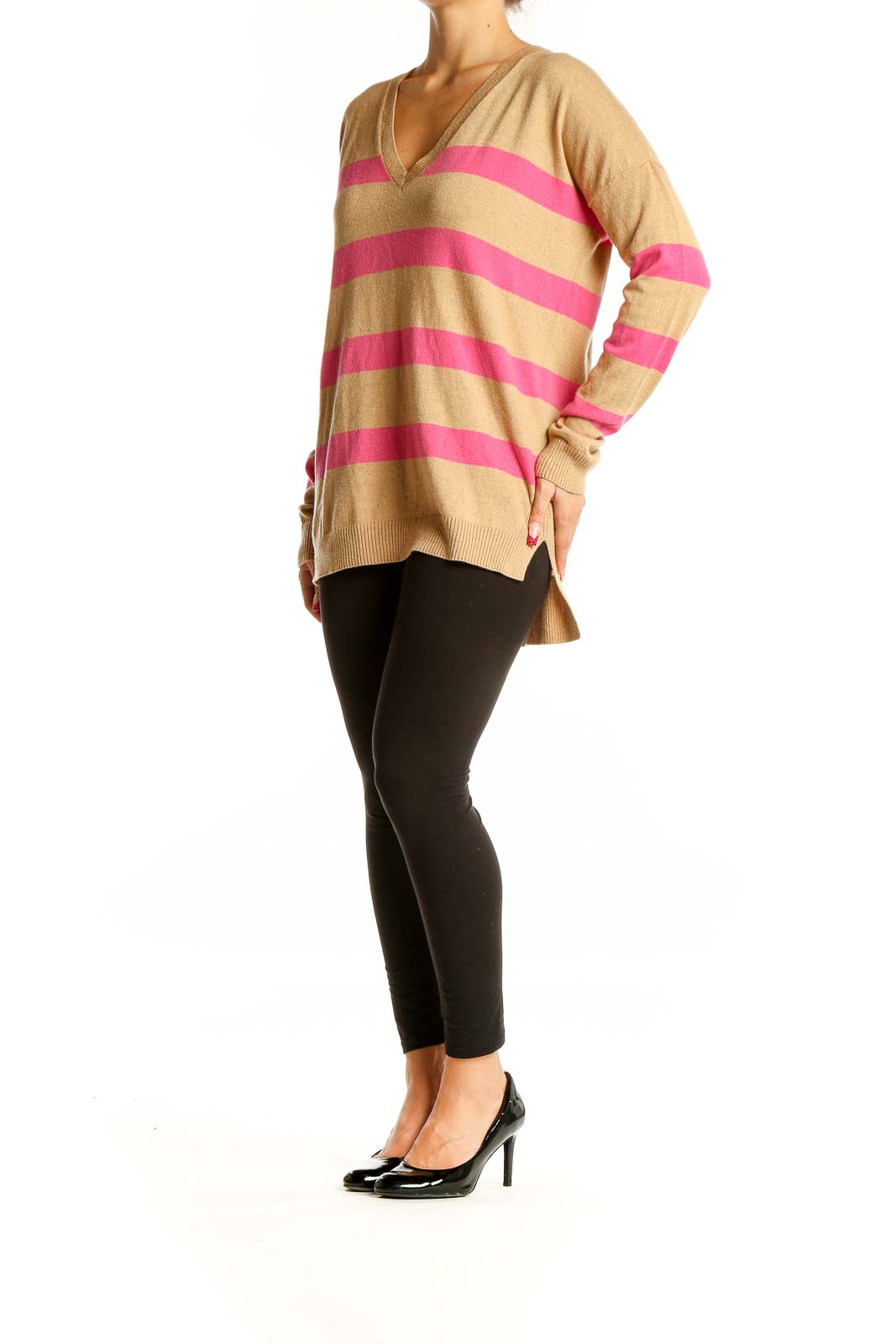 Front view of Gap camel and pink striped V-neck sweater