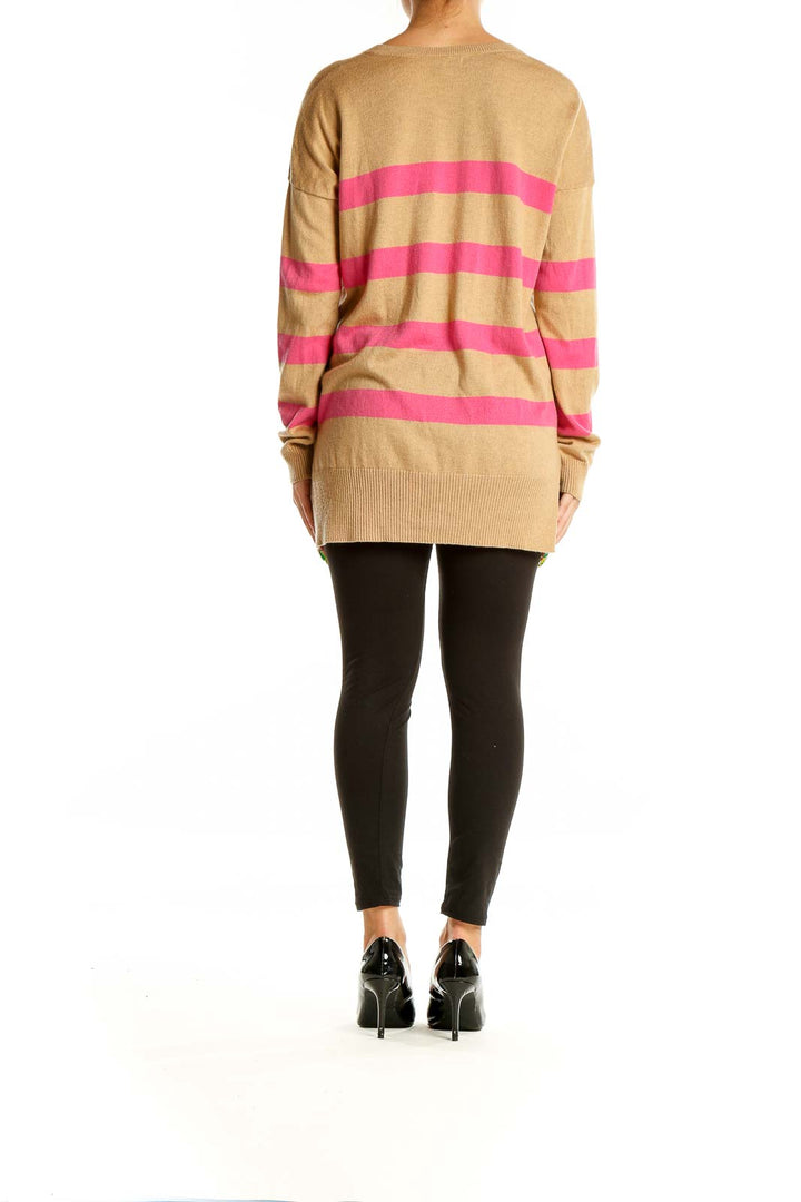 Back view of Gap camel and pink striped V-neck sweater