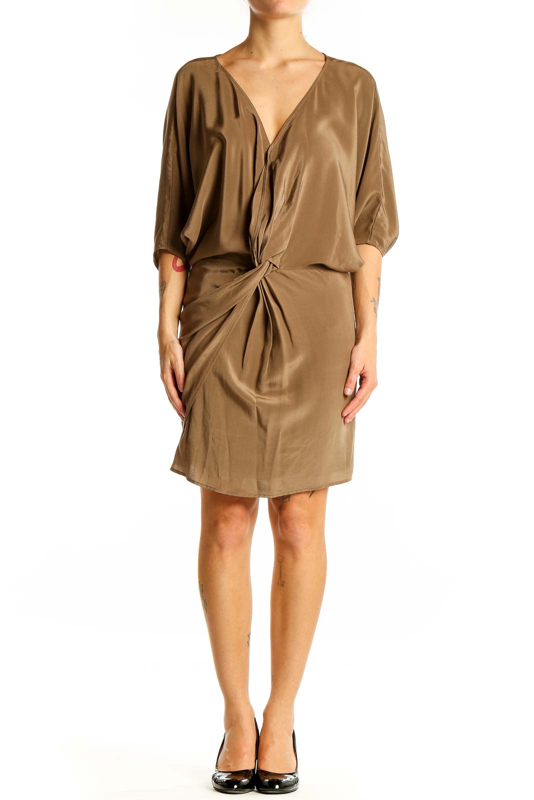 Front view of camel Amour Vert draped wrap dress with V-neckline