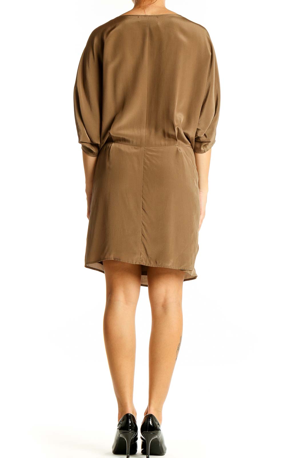 Back view of camel Amour Vert draped wrap dress showing flowy design