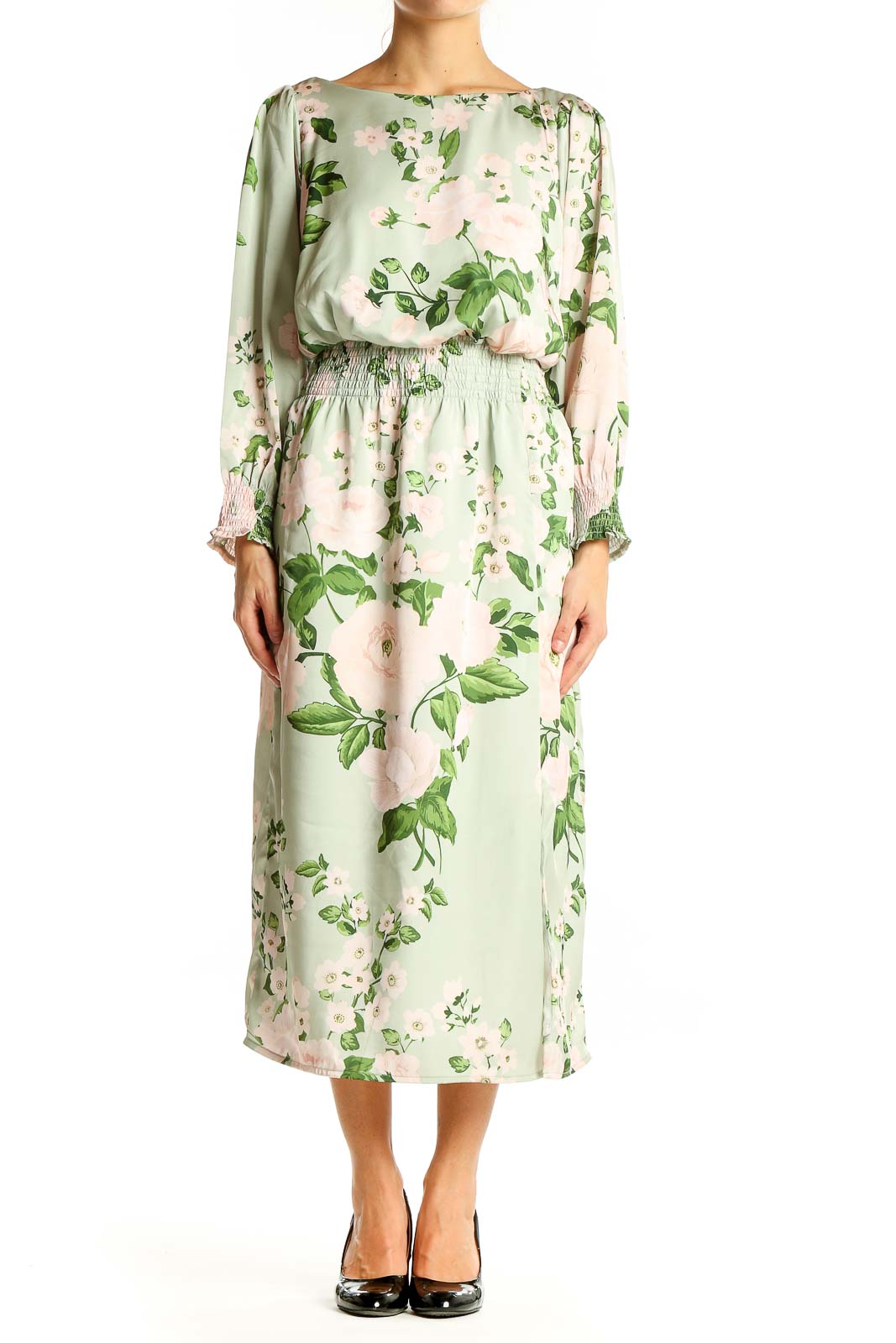 Front view of eShakti mint green floral long sleeve midi dress