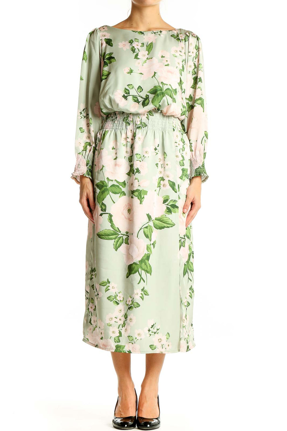 Front view of eShakti mint green floral long sleeve midi dress