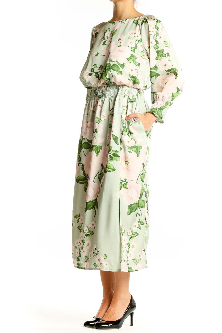 Front view of eShakti mint green floral long sleeve midi dress