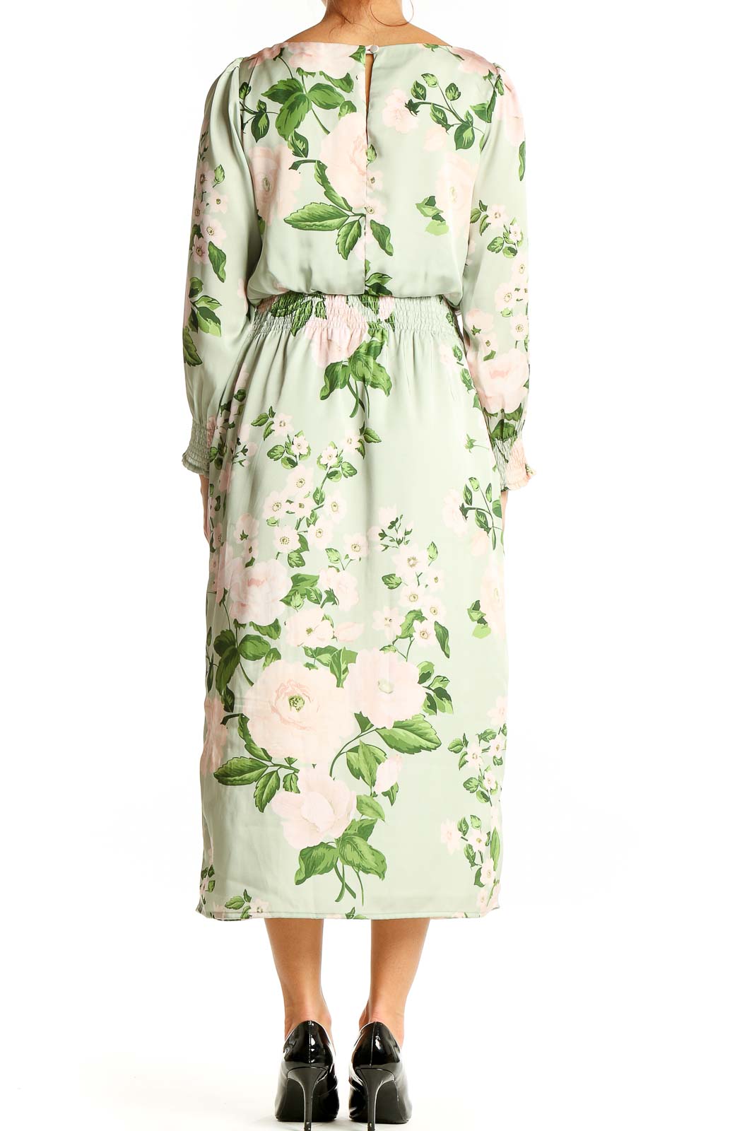 Back view of eShakti mint green floral long sleeve midi dress with keyhole closure