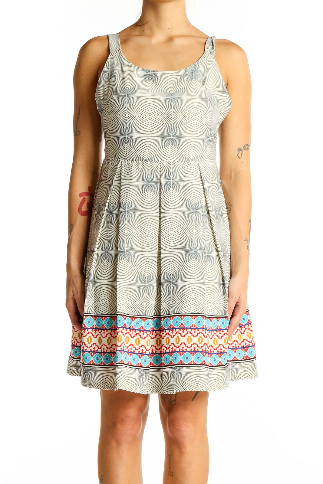 Front view of Freeway gray sleeveless dress with geometric print and colorful border