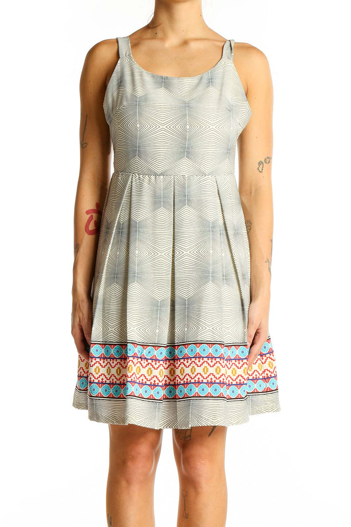 Front view of Freeway gray sleeveless dress with geometric print and colorful border