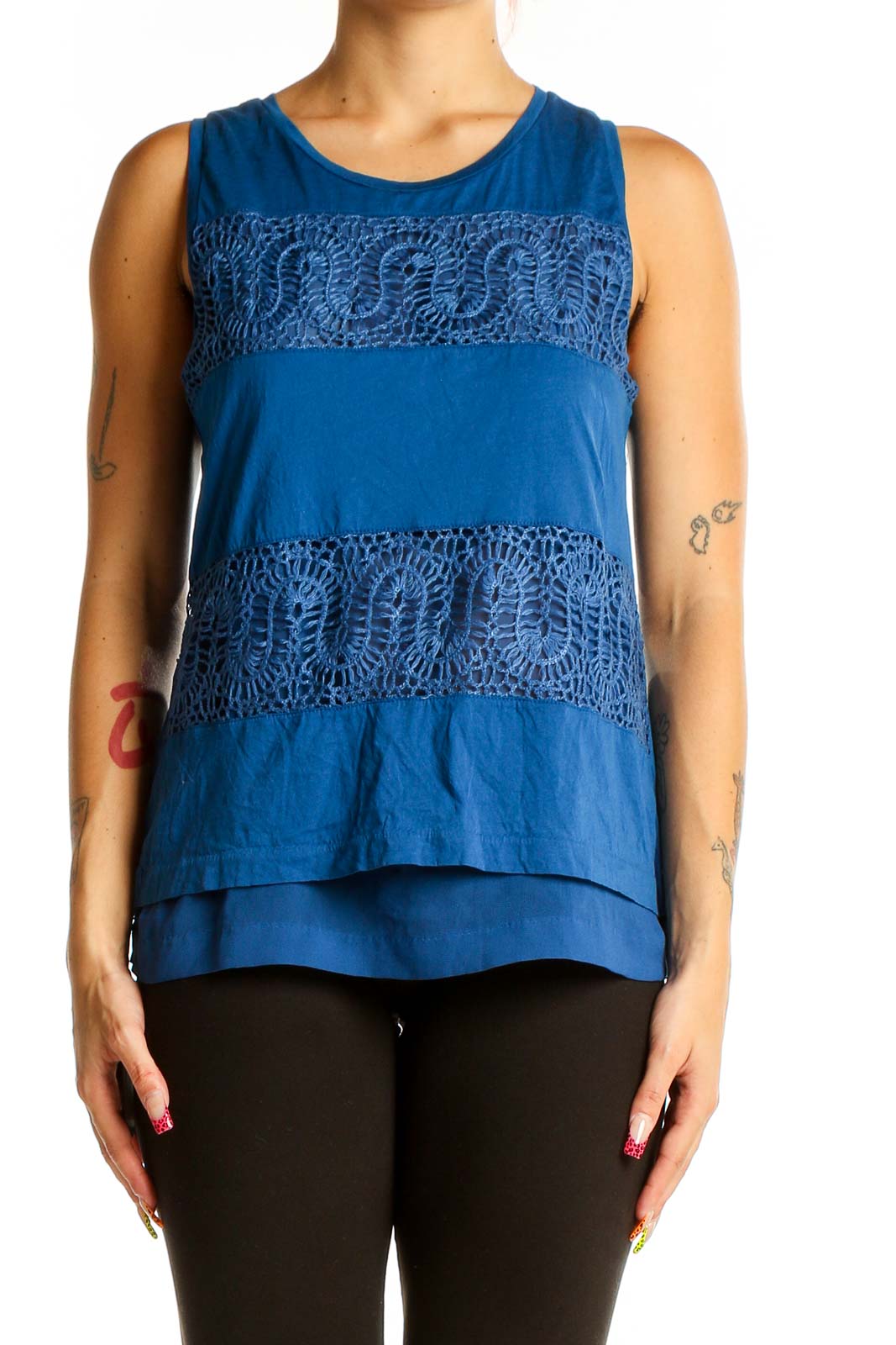 Front view of J.Crew blue cotton tank top with lace panel inserts