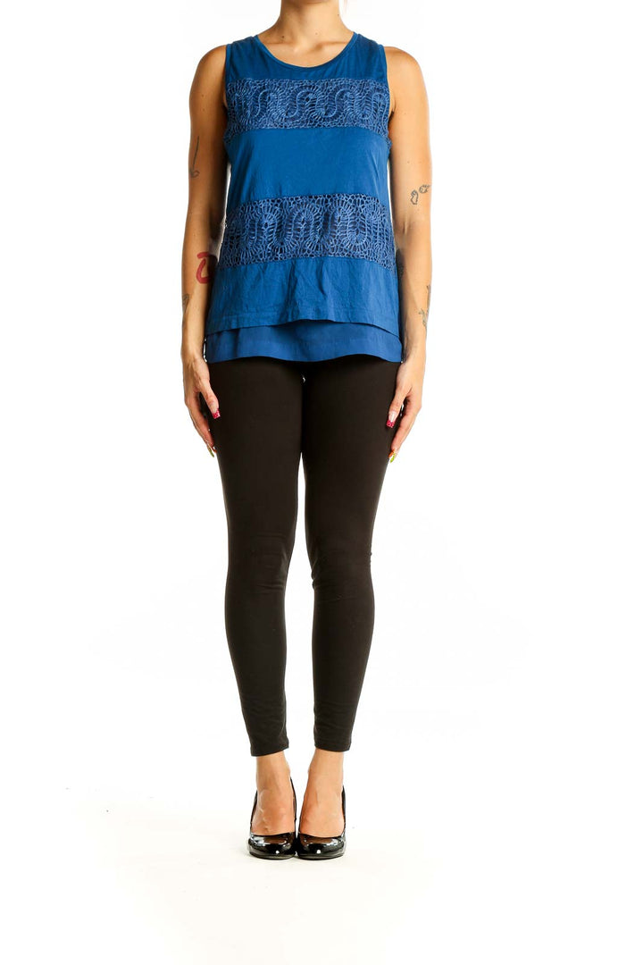 Front view of J.Crew blue cotton tank top with lace panel inserts