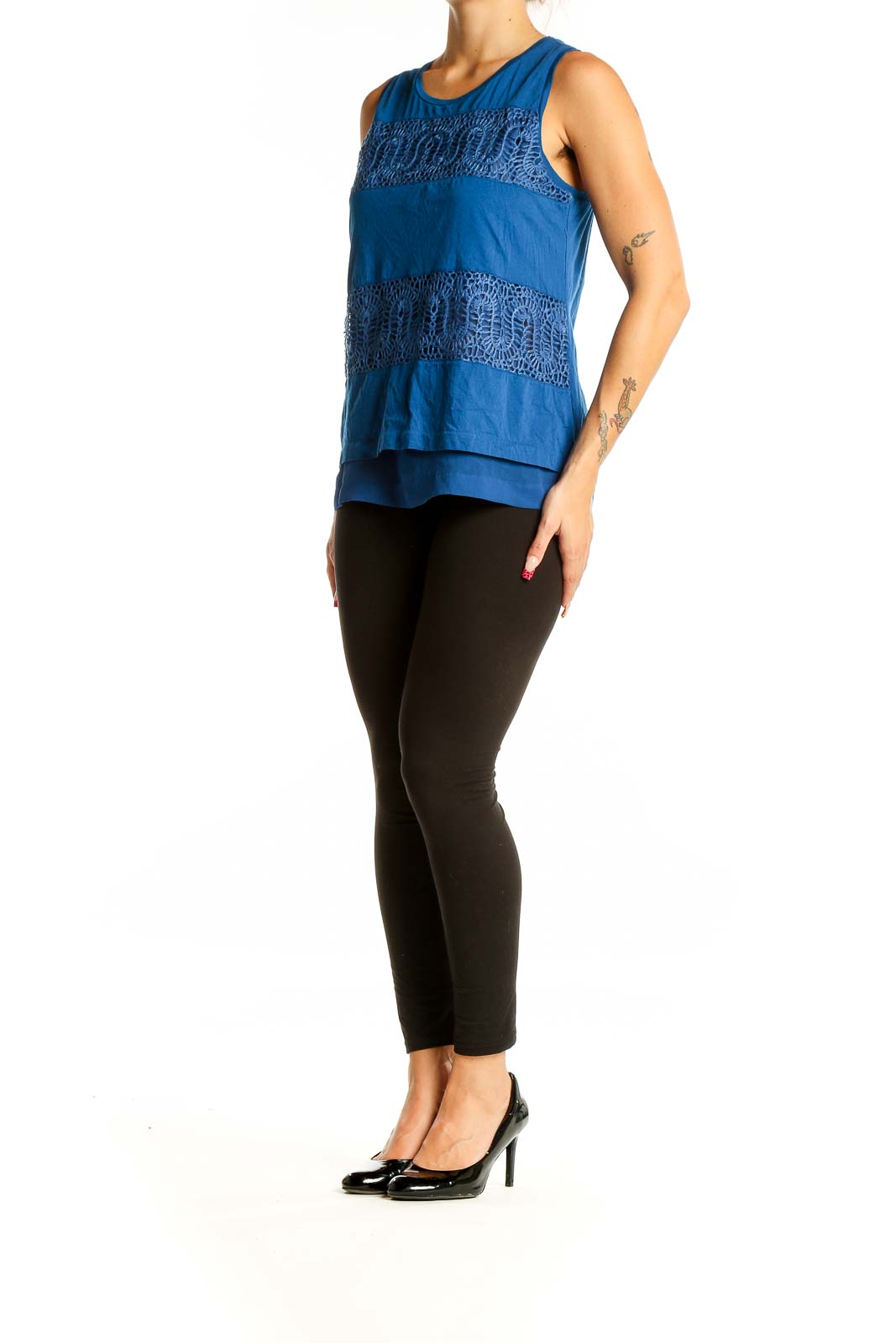 Front view of J.Crew blue cotton tank top with lace panel inserts