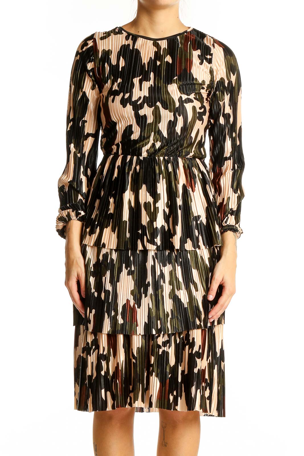 Front view of Zara multicolor camouflage pleated midi dress