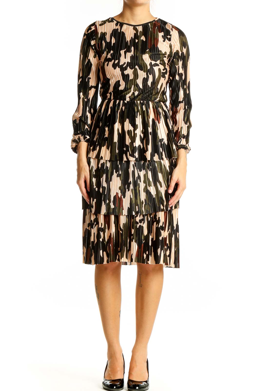 zara pleated midi dress Zara Multicolor Camouflage Pleated Midi Dress