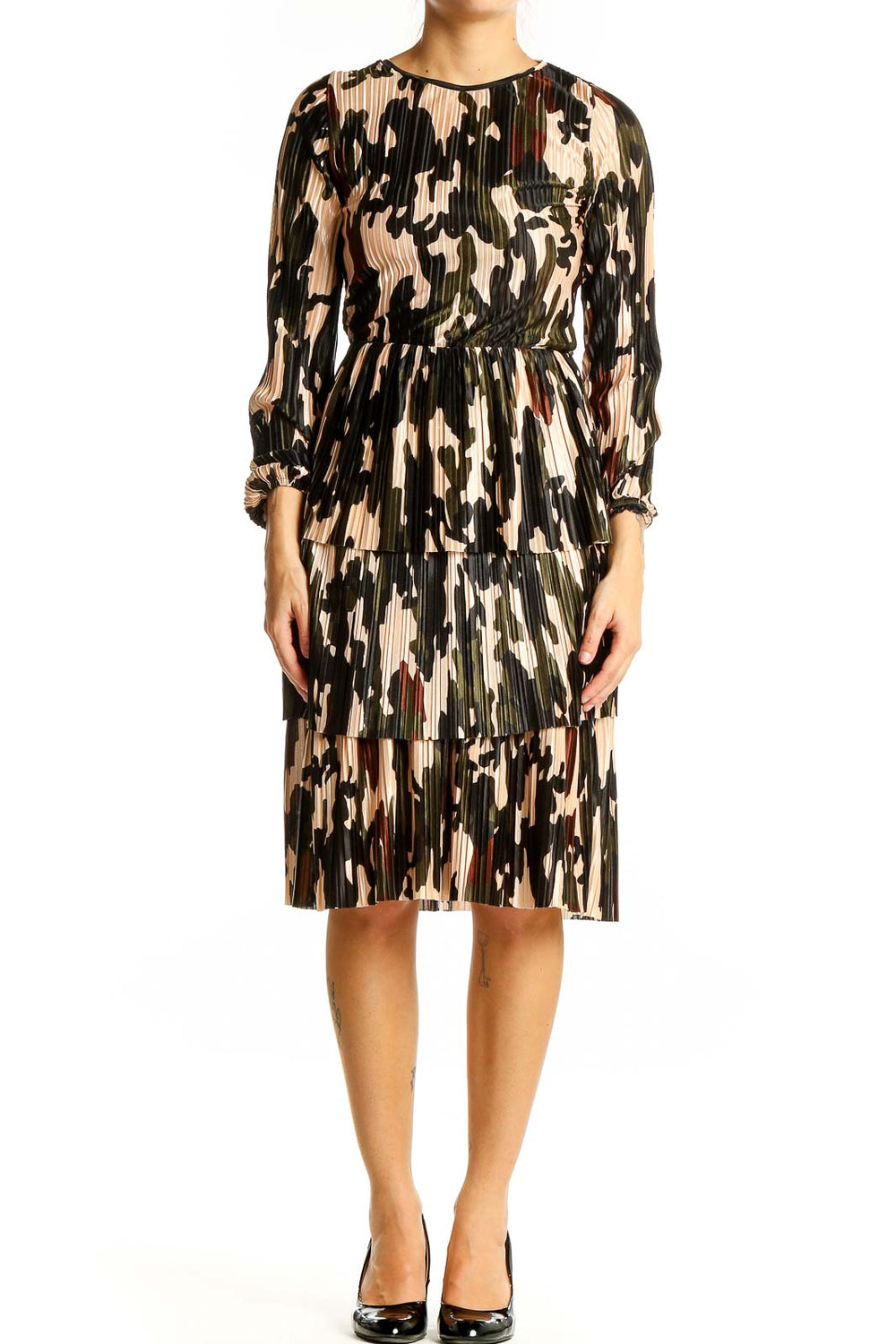 Front view of Zara multicolor camouflage pleated midi dress