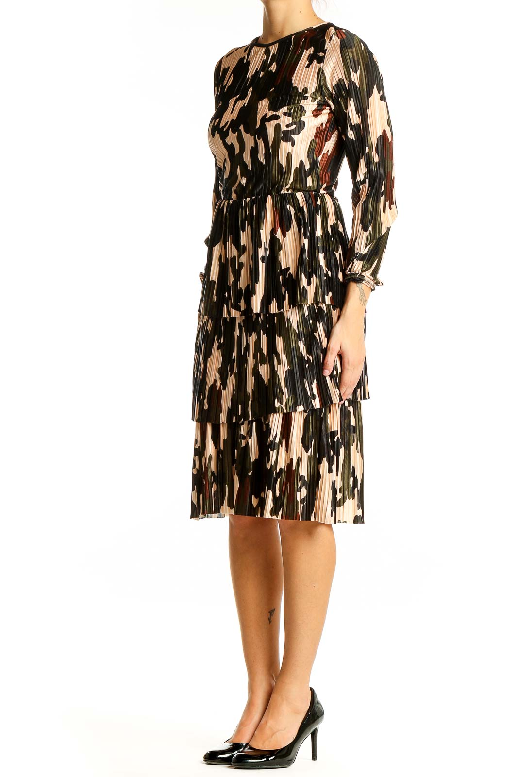 Front view of Zara multicolor camouflage pleated midi dress