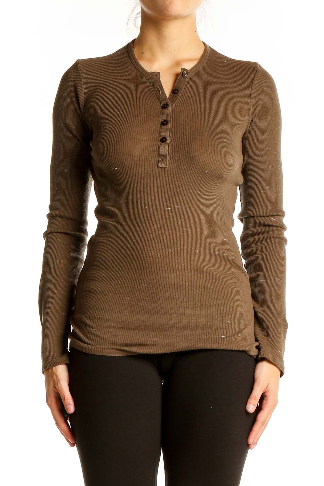 Front view of ATM brown ribbed henley long sleeve top