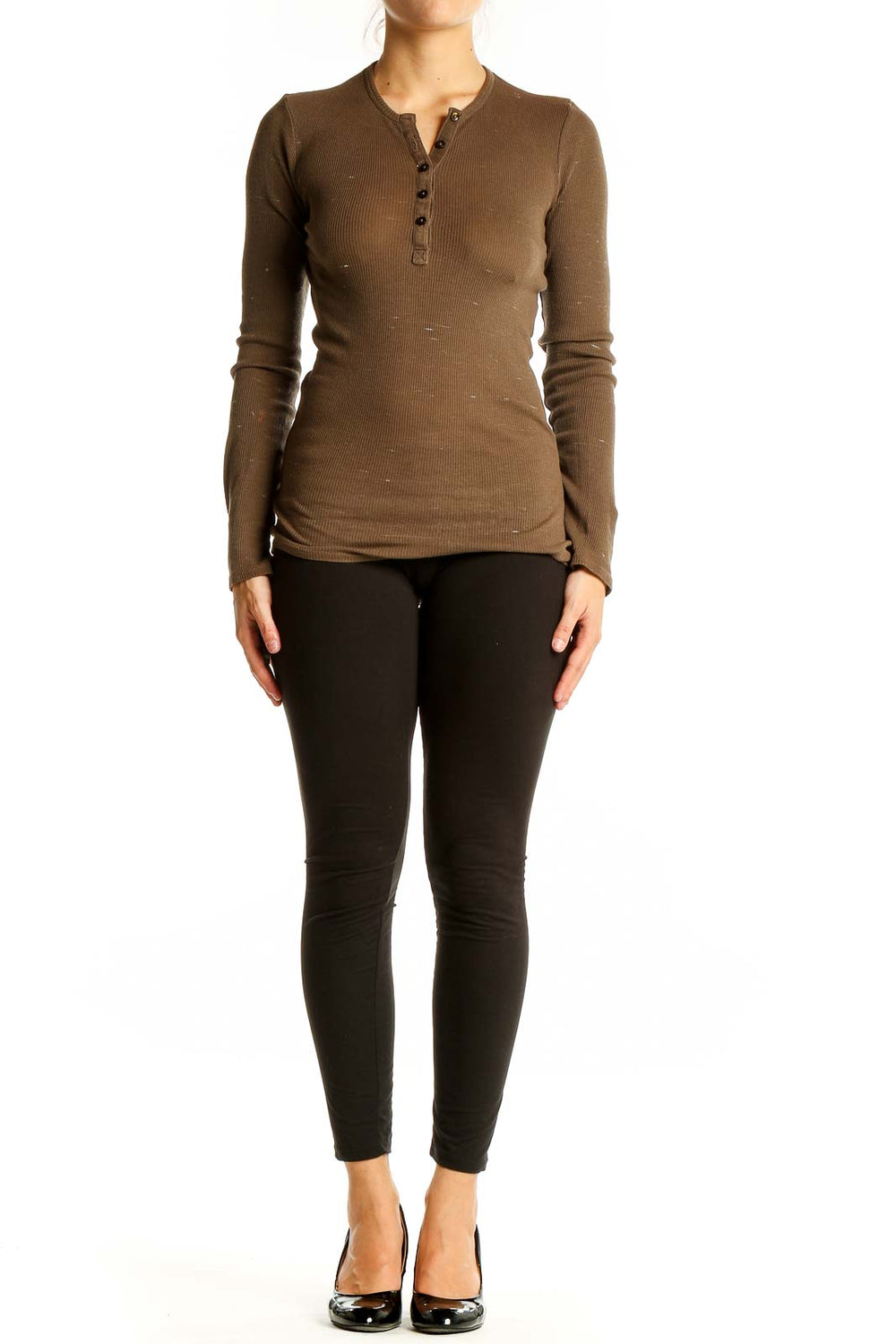 Front view of ATM brown ribbed henley long sleeve top