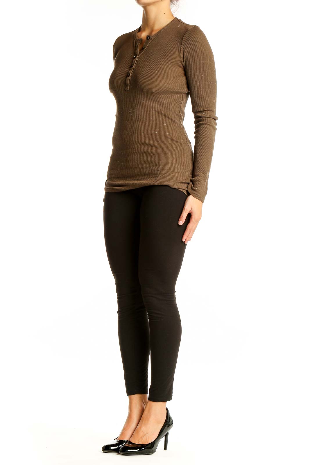 Front view of ATM brown ribbed henley long sleeve top