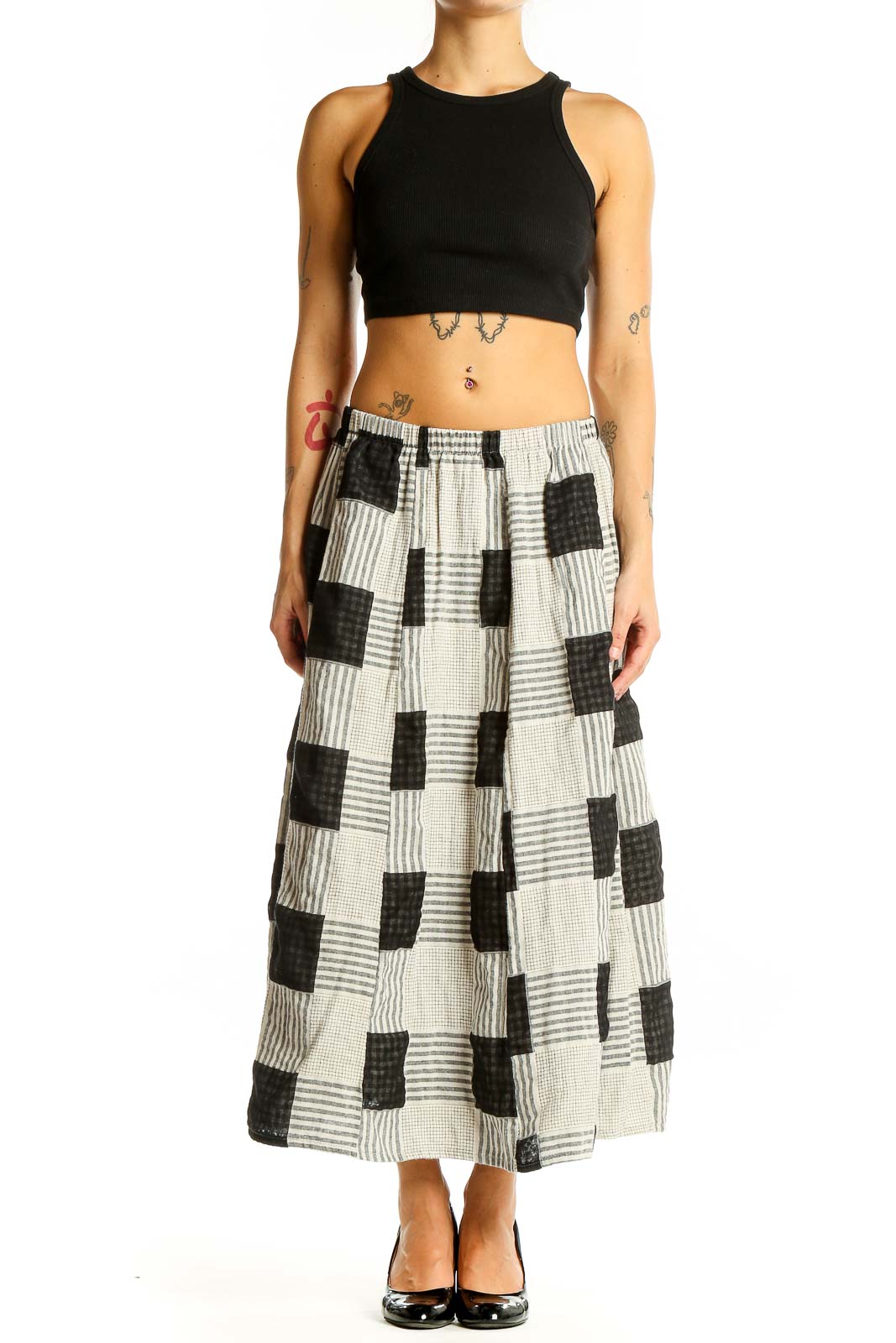 Front view of Antiqua Black and White Patchwork Cotton Midi Skirt