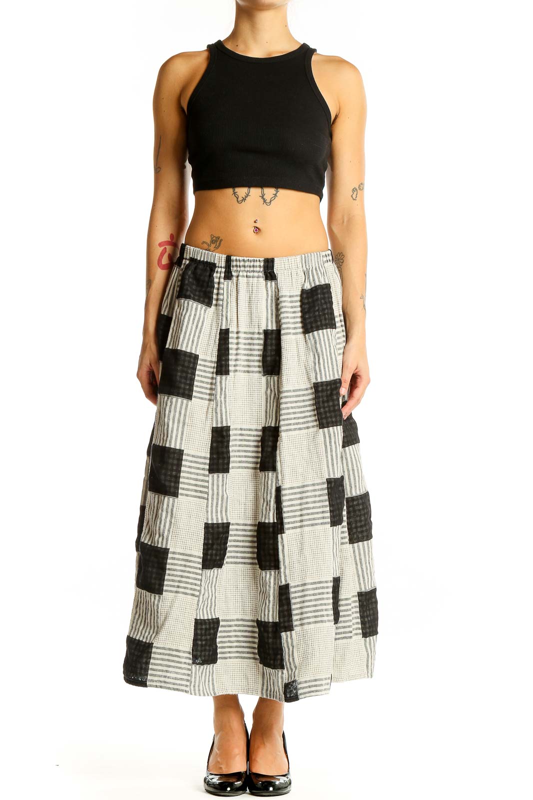 Front view of Antiqua Black and White Patchwork Cotton Midi Skirt