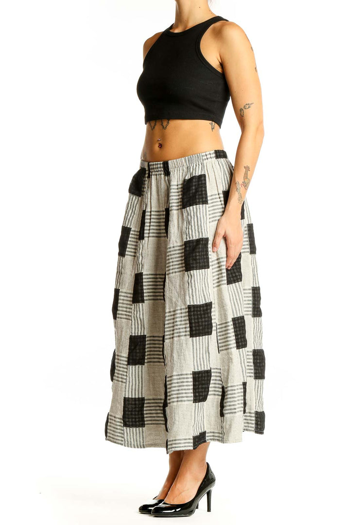 Front view of Antiqua Black and White Patchwork Cotton Midi Skirt