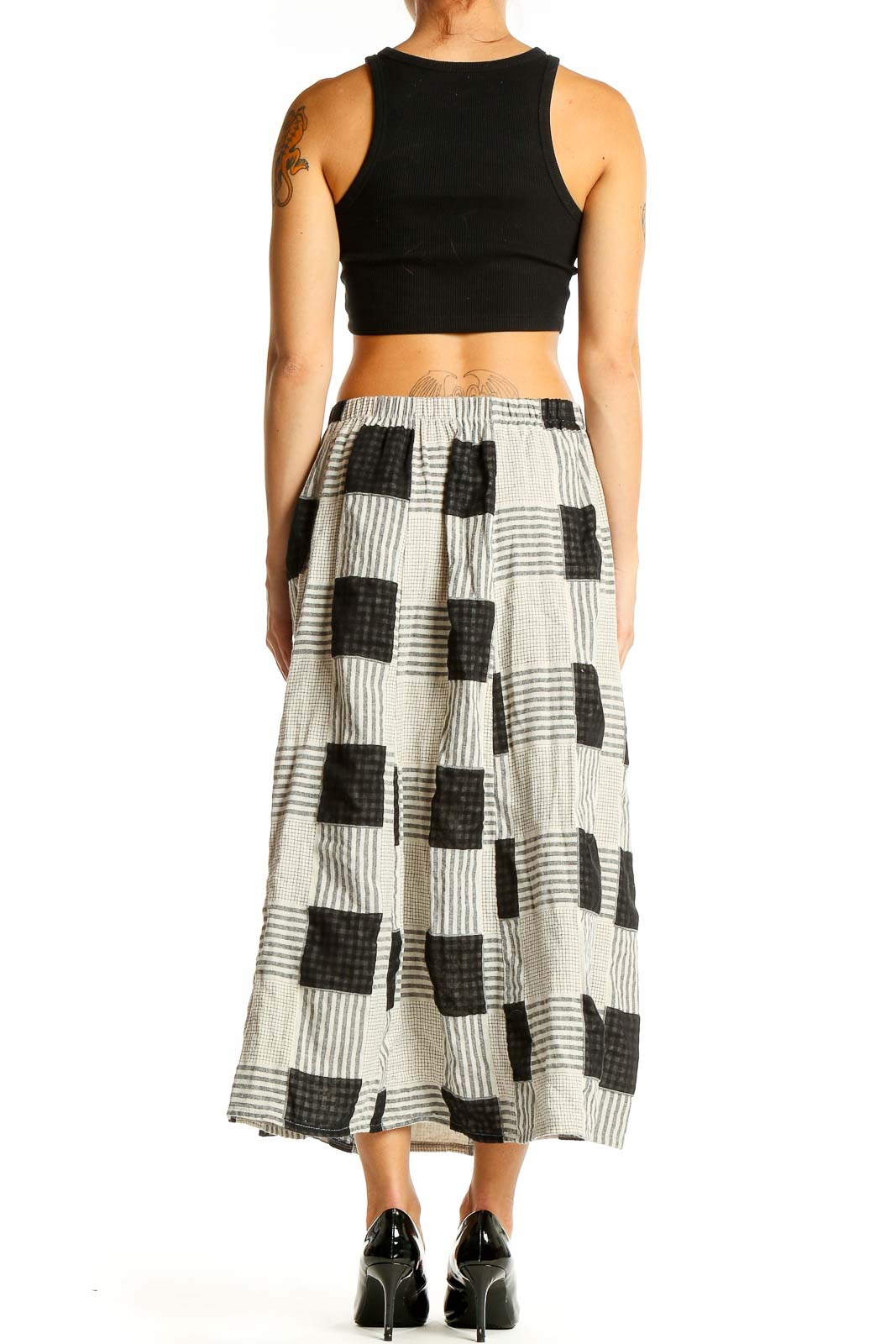 Back view of Antiqua Black and White Patchwork Cotton Midi Skirt