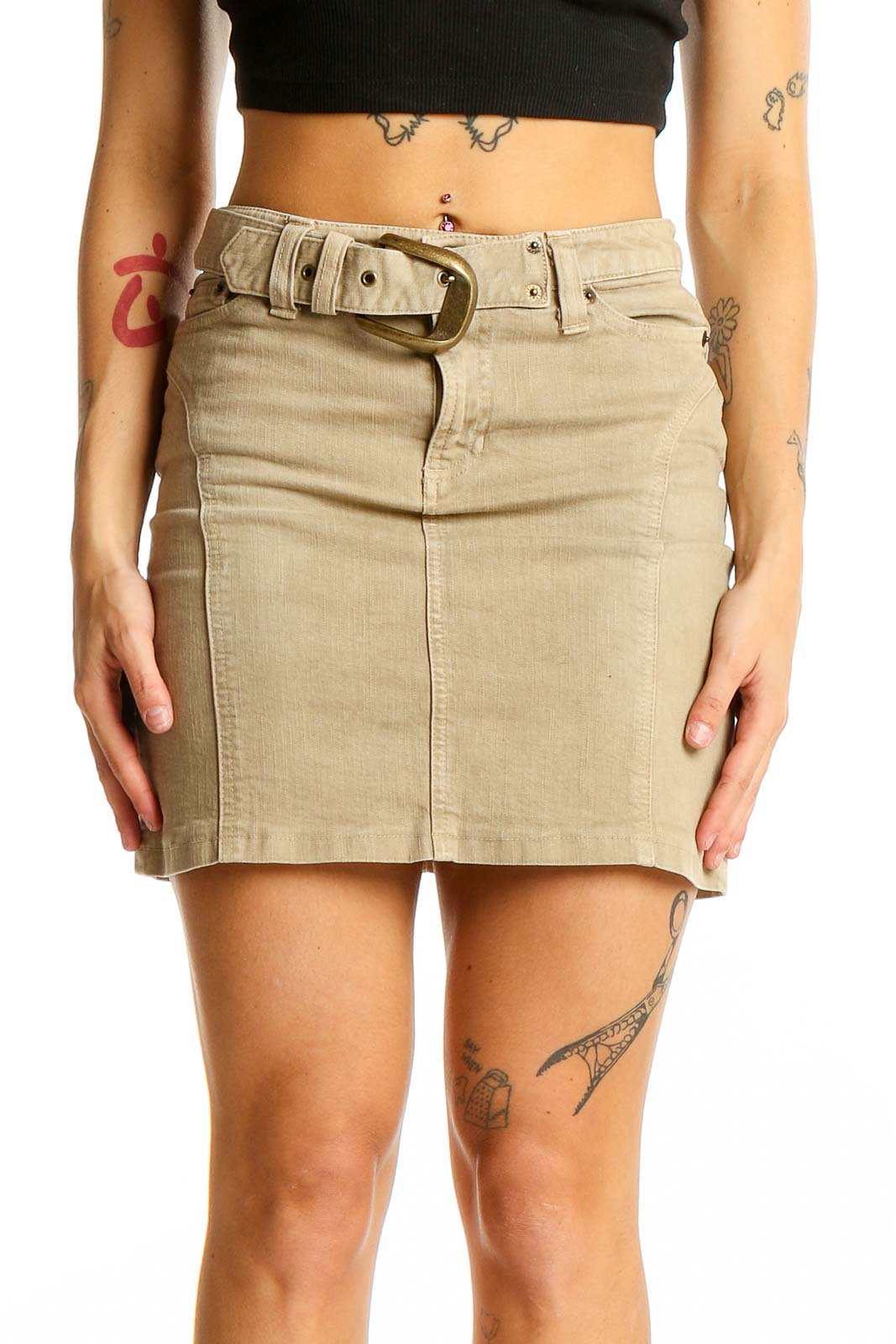 Front view of Vicky Couture beige denim mini skirt with belt