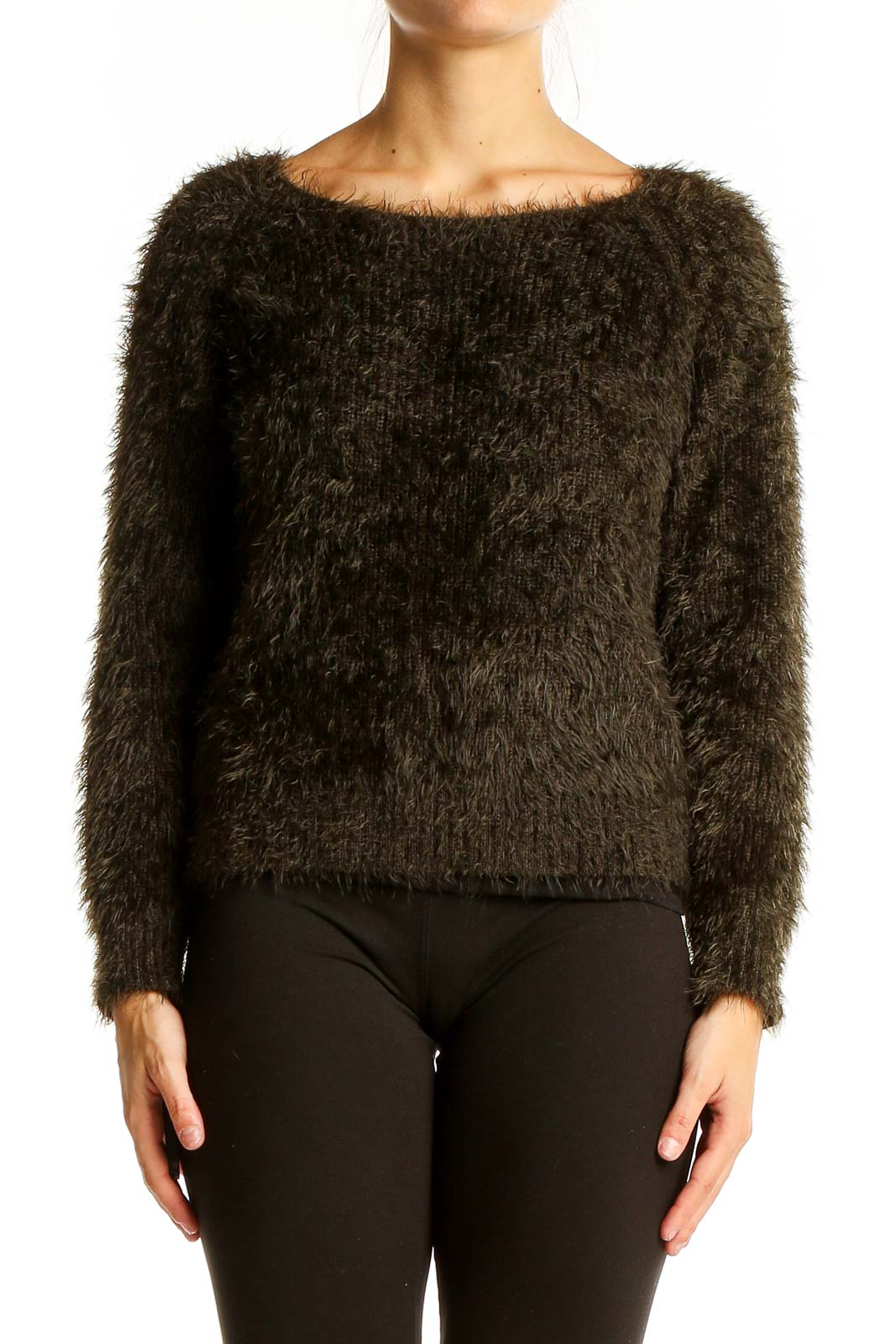 Front view of le.coeur blanc dark brown fuzzy knit sweater on model