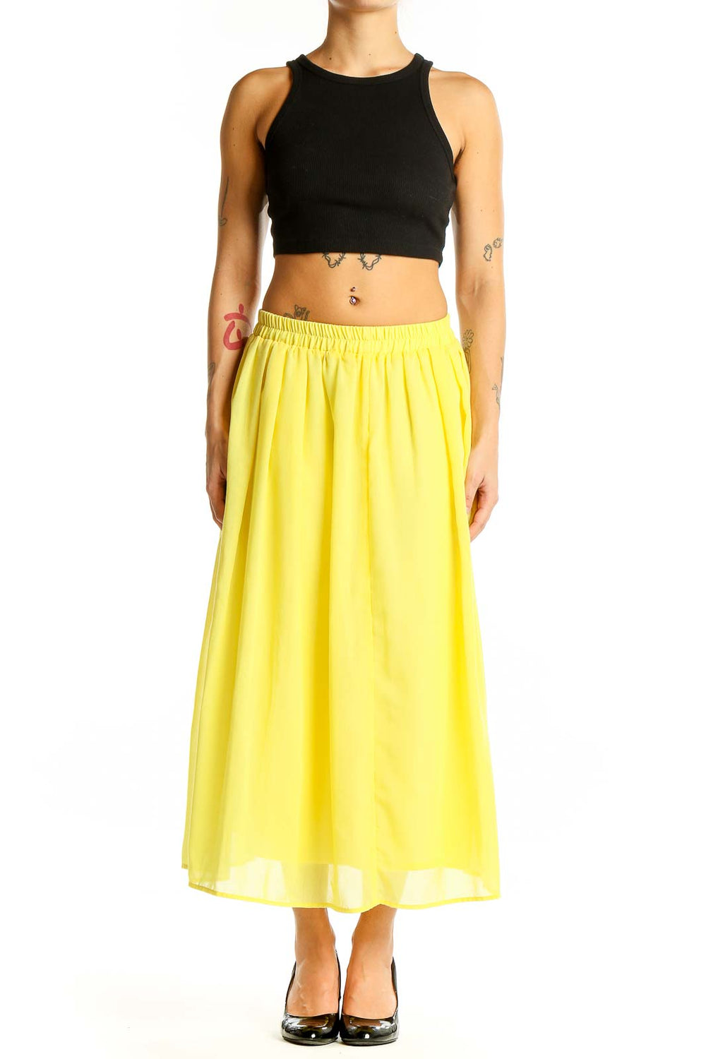 Front view of yellow flowy midi skirt by Sonny Lable