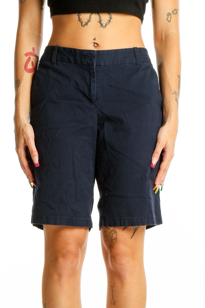 Front view of J.Crew navy Bermuda shorts on model