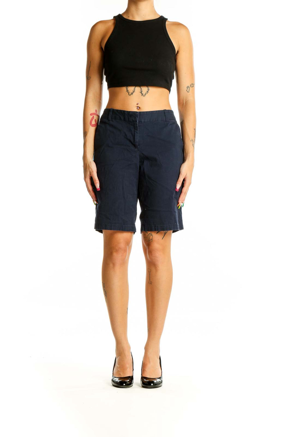 Front view of J.Crew navy Bermuda shorts on model