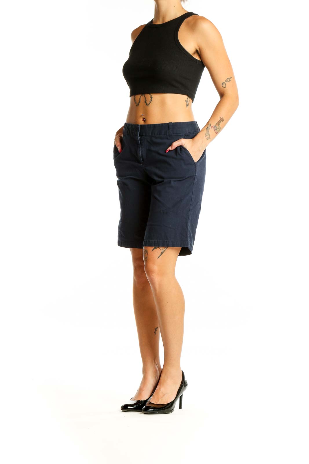 Front view of J.Crew navy Bermuda shorts on model