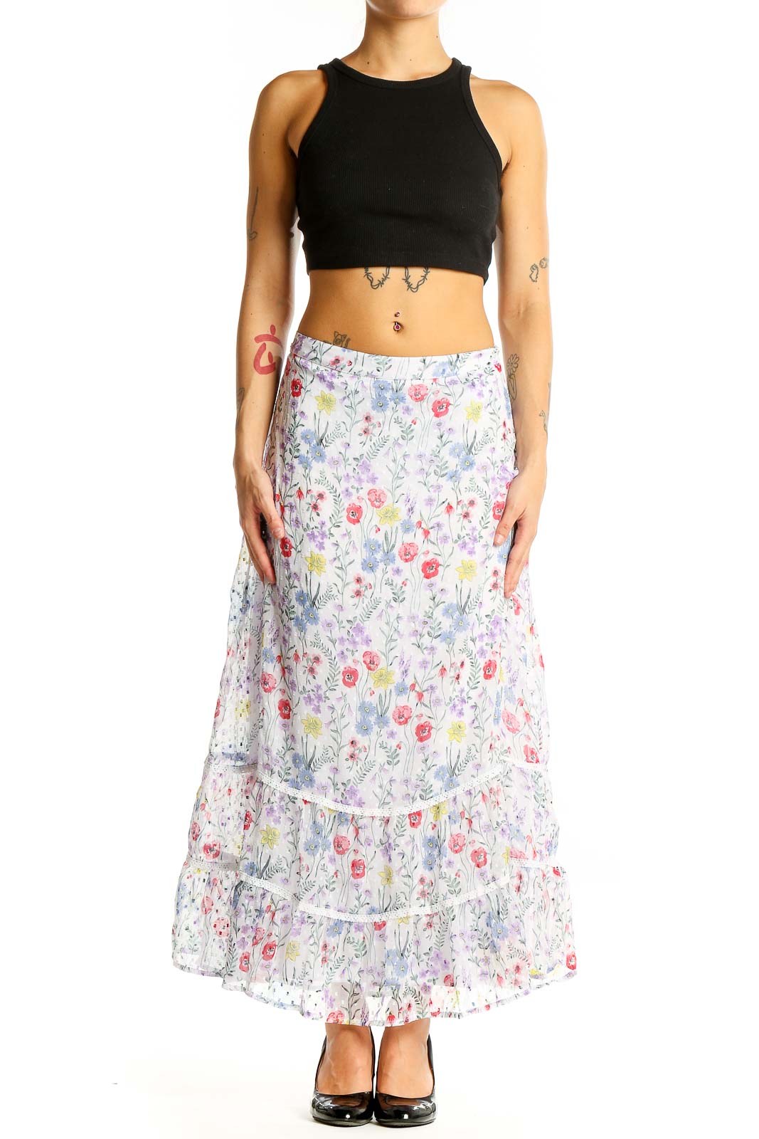 Front view of New Direction white floral tiered maxi skirt with colorful bloom print