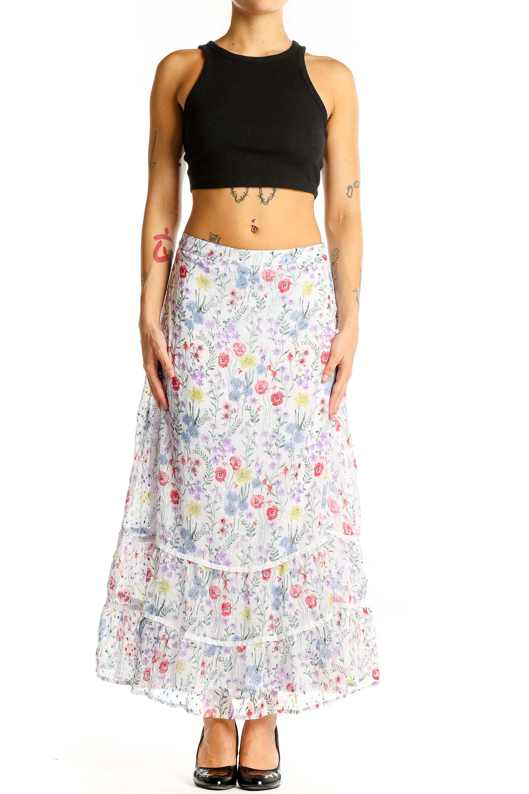 Front view of New Direction white floral tiered maxi skirt with colorful bloom print