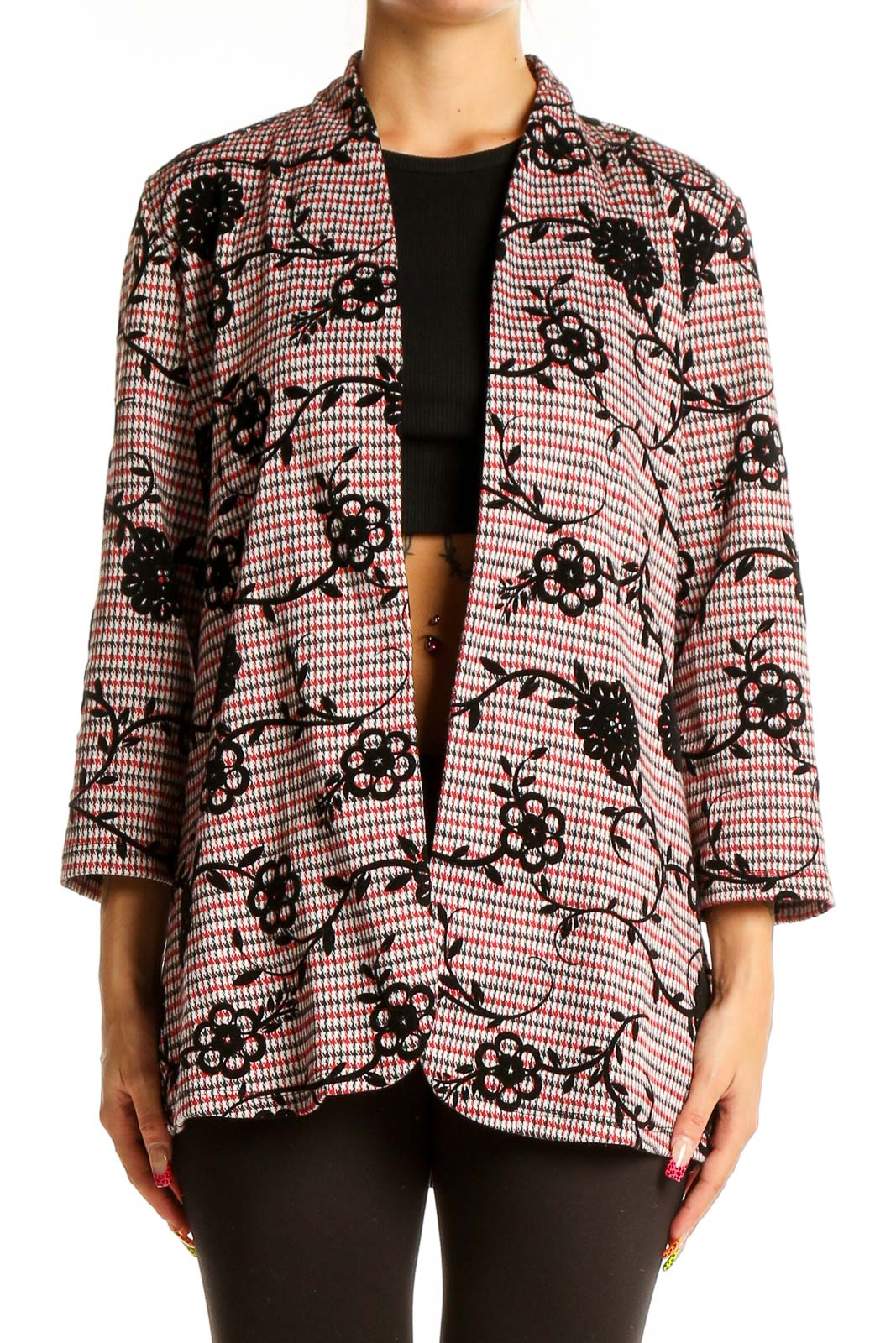 Front view of Slinky Brand pink houndstooth jacket with black floral overlay