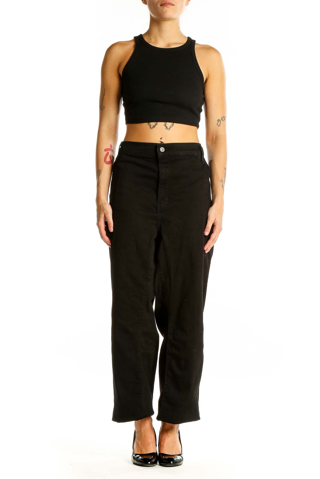 Front view of Levi's black high-waisted wide-leg jeans on model