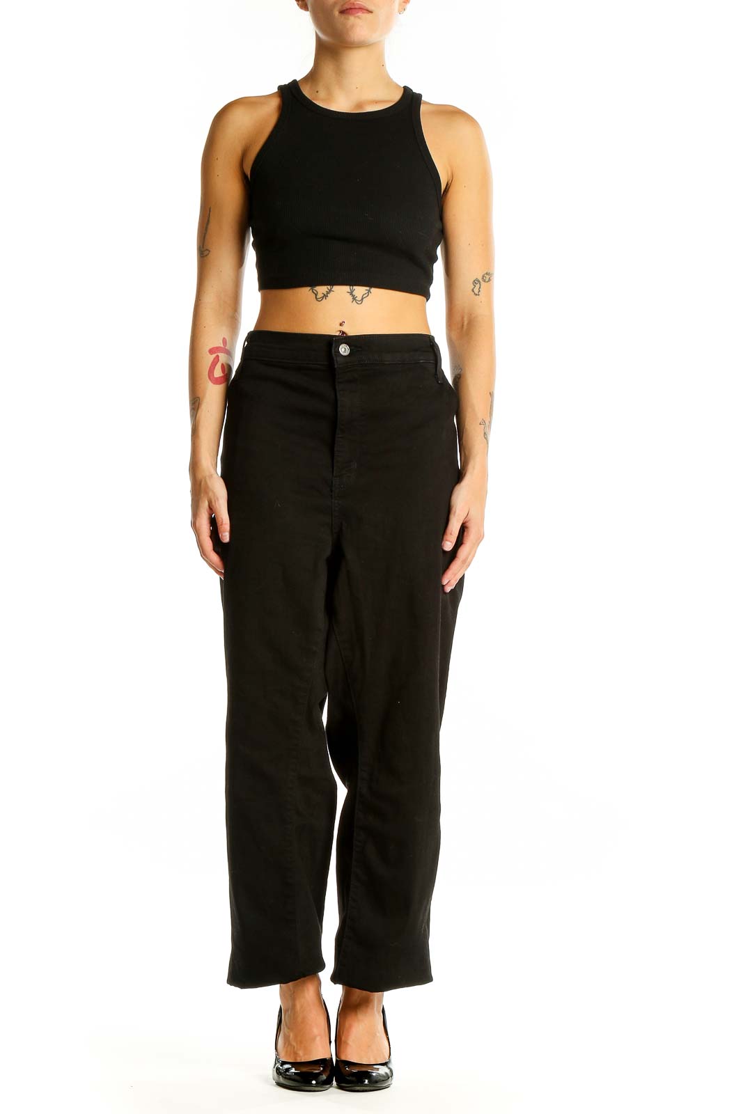 Front view of Levi's black high-waisted wide-leg jeans on model