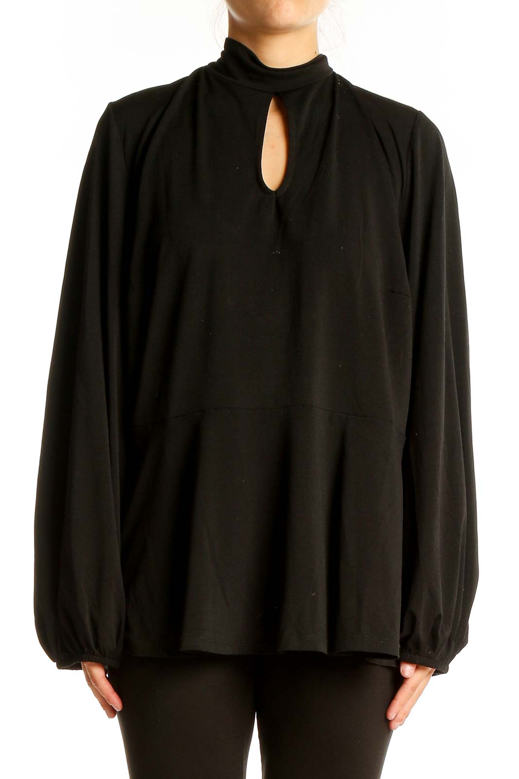 Front view of Eloquii black peplum top with keyhole neckline and long sleeves