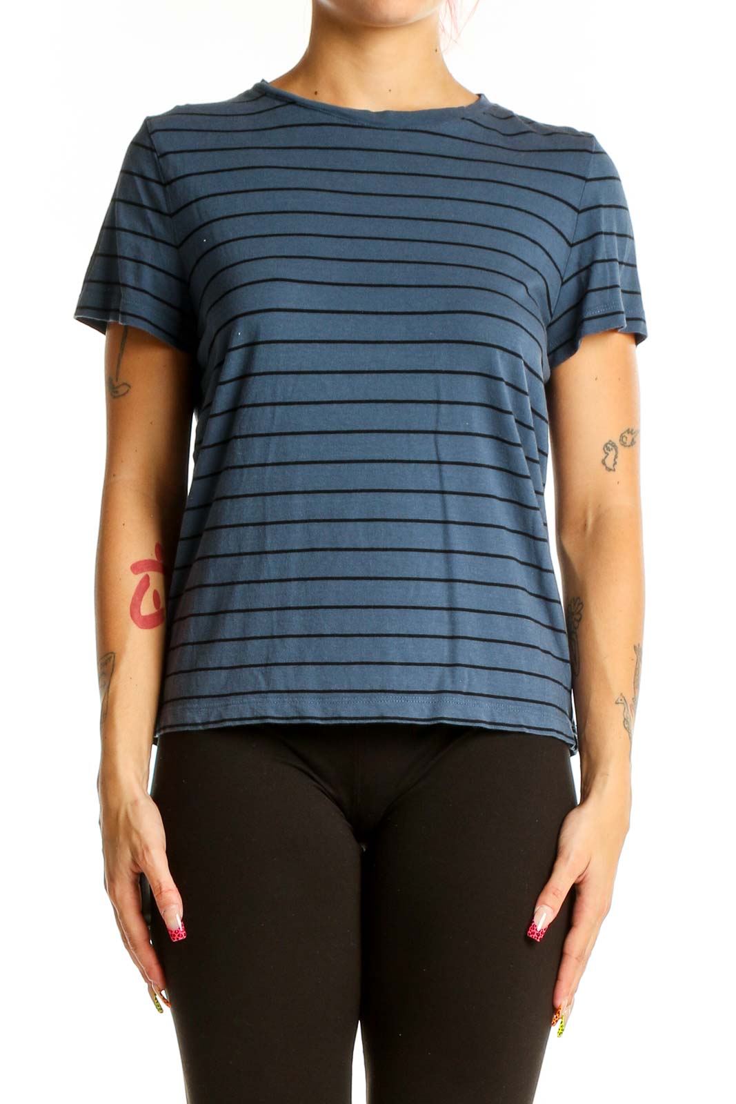 Front view of Marine Layer blue striped t-shirt on model