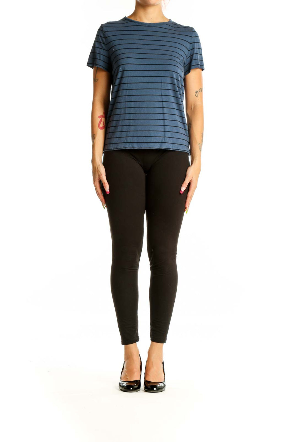 Front view of Marine Layer blue striped t-shirt on model