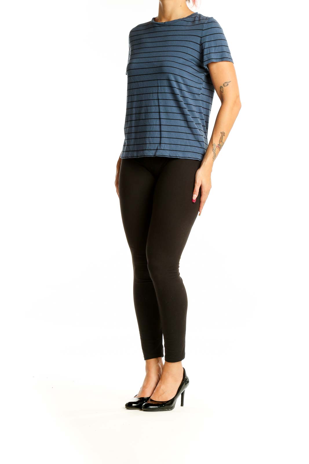 Front view of Marine Layer blue striped t-shirt on model