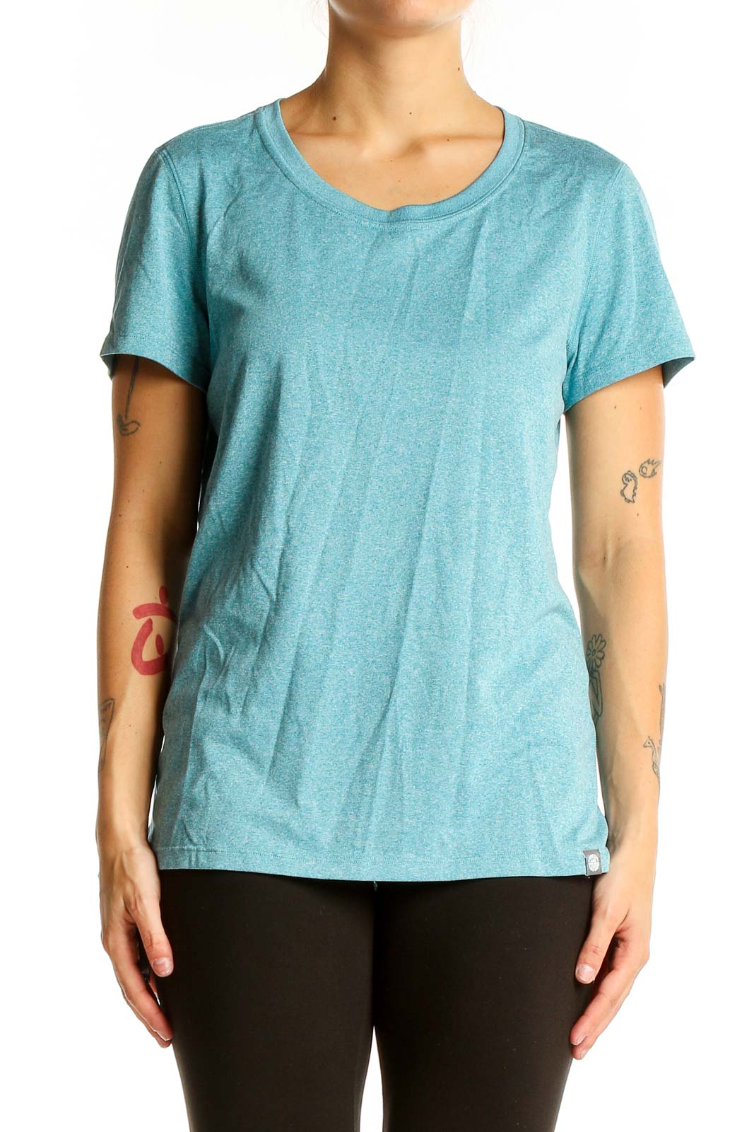 Front view of teal REI COOP athletic t-shirt