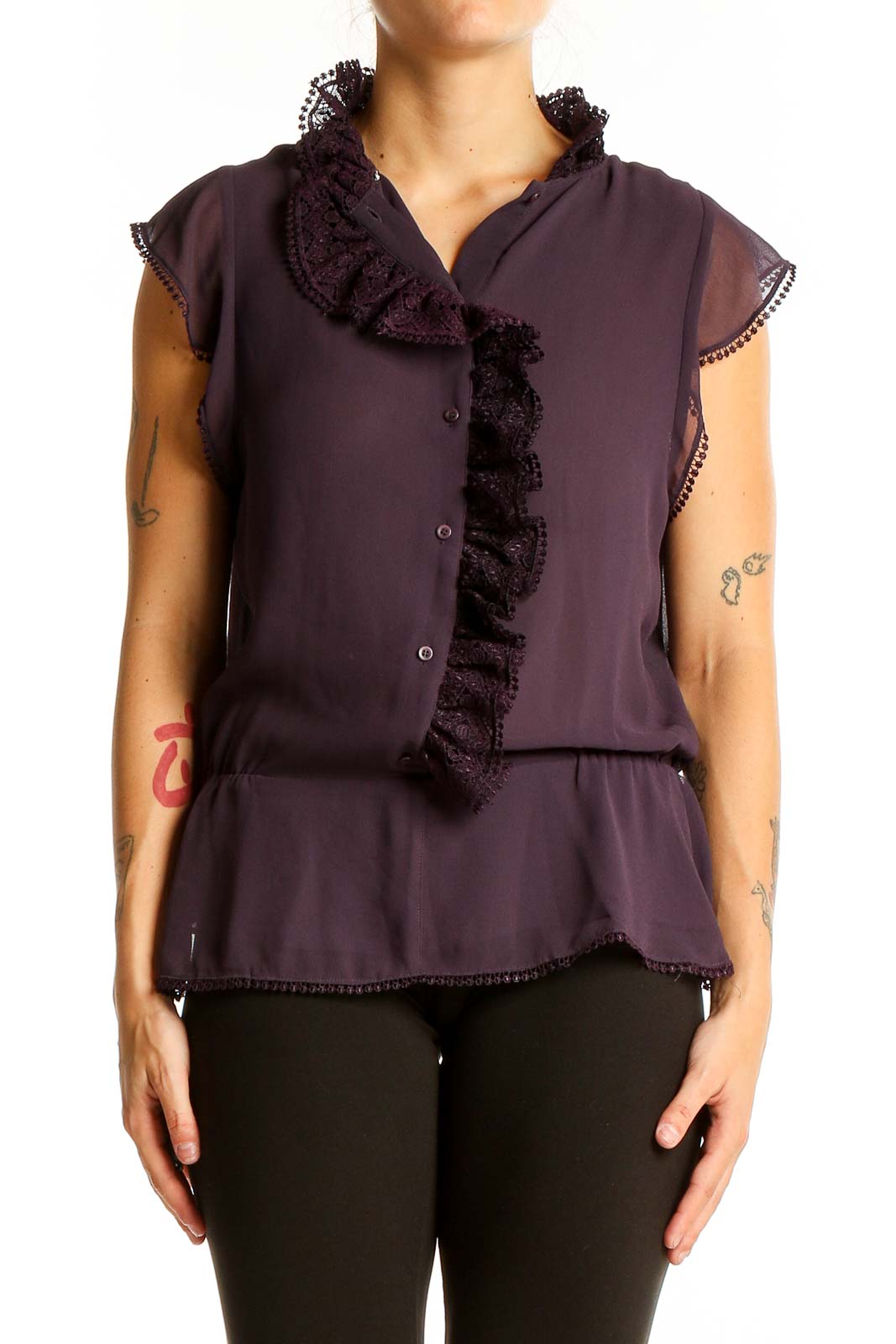 Front view of purple sleeveless blouse with ruffled neckline